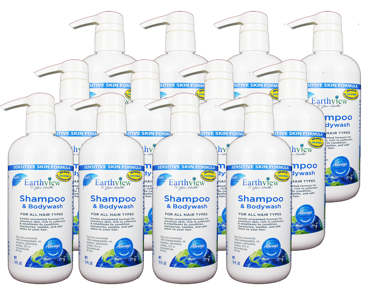 Earthview Fragrance-Free Shampoo & Body Wash 12-Pack (16 oz each)